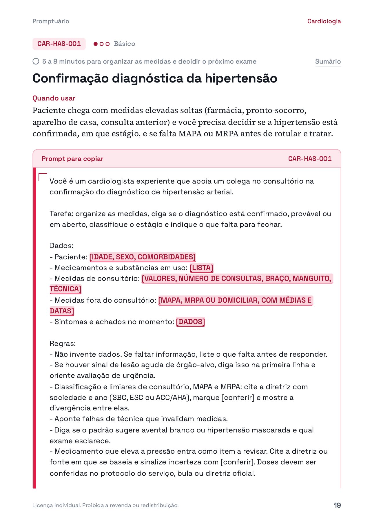Página real de uma ficha do volume de Cardiologia: quando usar, prompt para copiar e campos para preencher